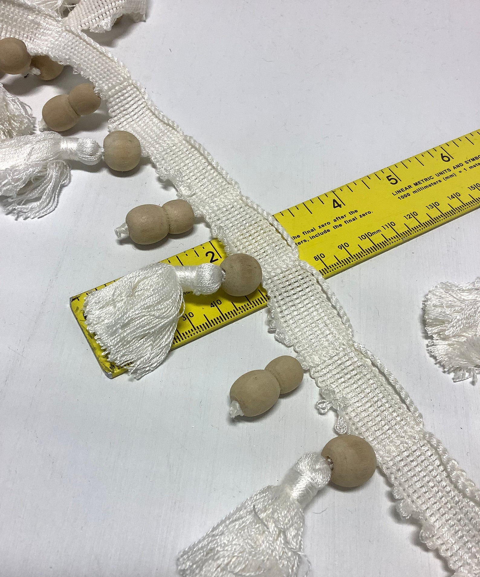 Natural White and Wooden Beaded Tassel Fringe