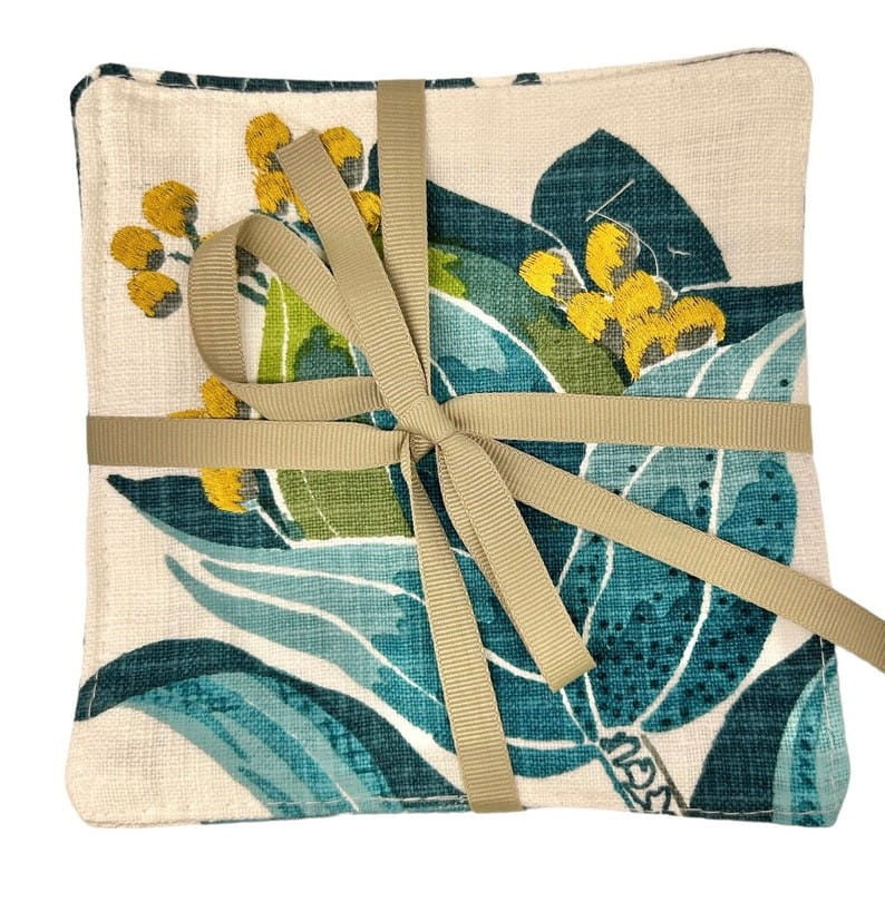 Thumbnail: Embroidered Yellow and Teal Flowers floral cocktail napkins