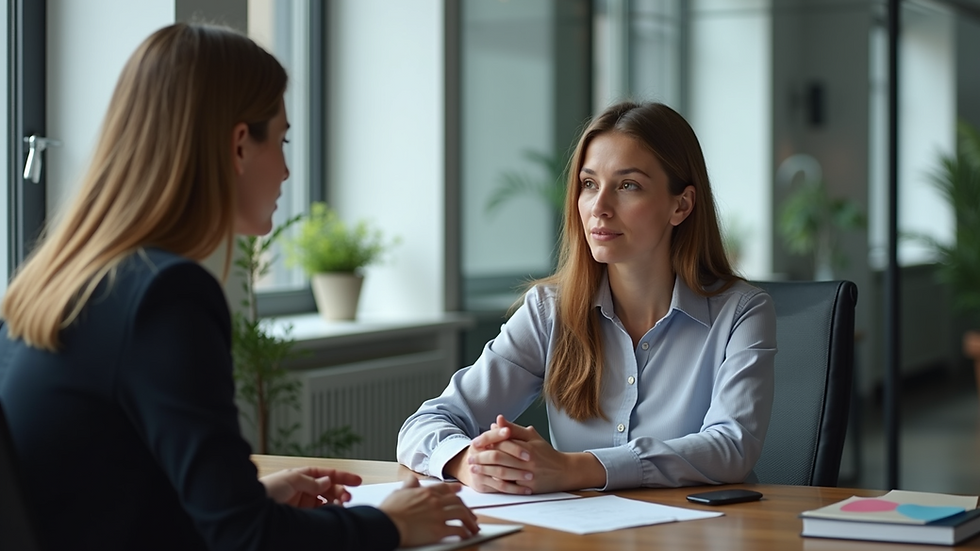 Eye-level view of a professional in an office setting, engaged in a discussion with a job shadowing participant