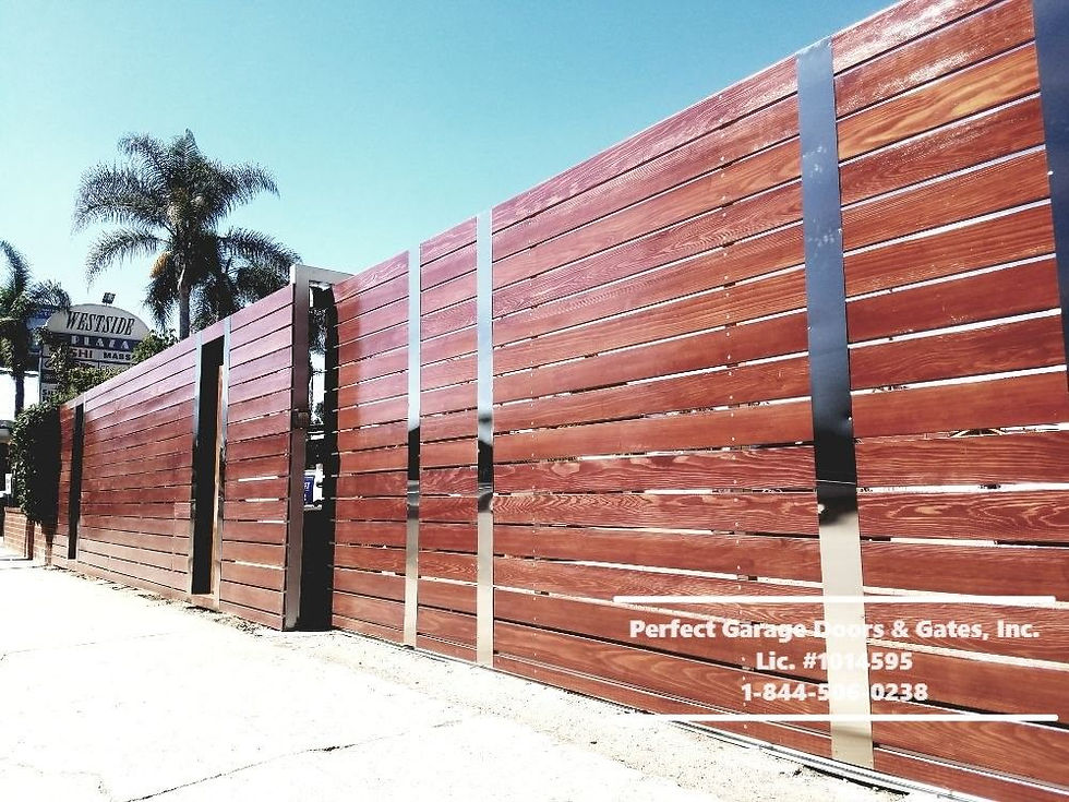 Custom Stained Horizontal Wood Sliding Driveway Gate with Decorative Vertical Iron Flat Ba