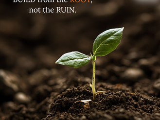 A seedling breaking through rich soil, captioned: “Build from the root, not the ruin.”