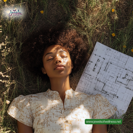 A woman lying in a field with blueprints beside her and sunlight on her face, eyes closed in rest.