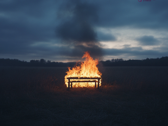 A burning but peaceful altar in a field at dawn