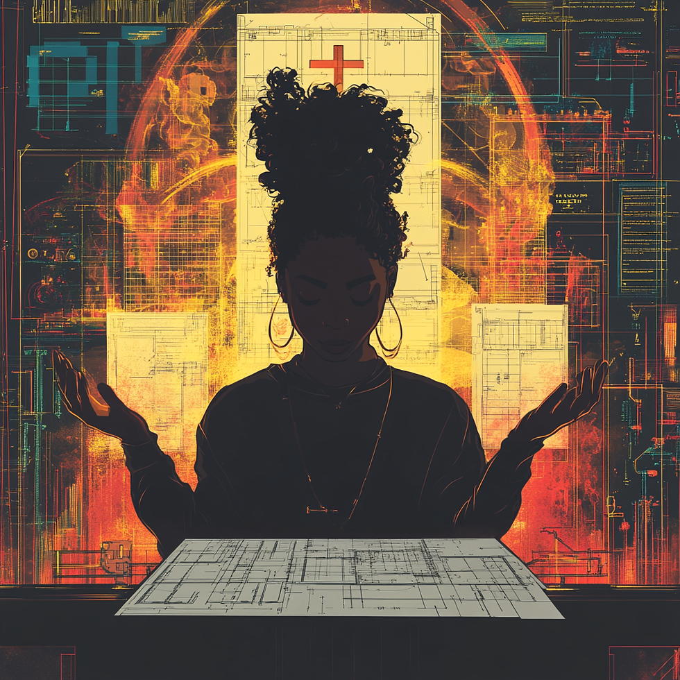 A woman standing in front of an altar with a surrendered blueprint.