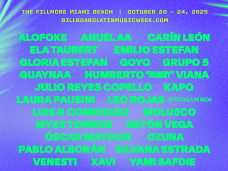 Billboard Latin Music Week, la principal celebración de la música latina, se llevará a cabo del lunes 20 al viernes 24 de octubre de 2025 en el histórico Fillmore Miami Beach.