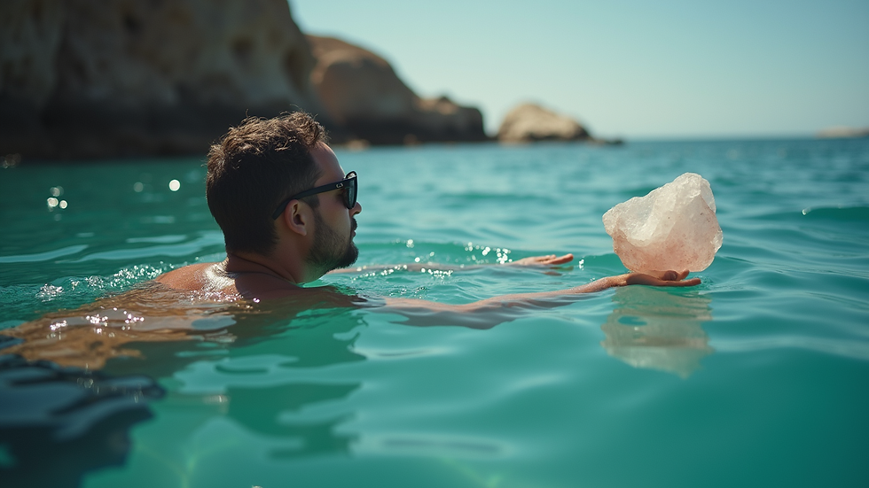Homme barbu avec lunettes de soleil flotte dans l'eau turquoise, tenant un gros cristal rose. Ciel bleu et rochers en arrière-plan.