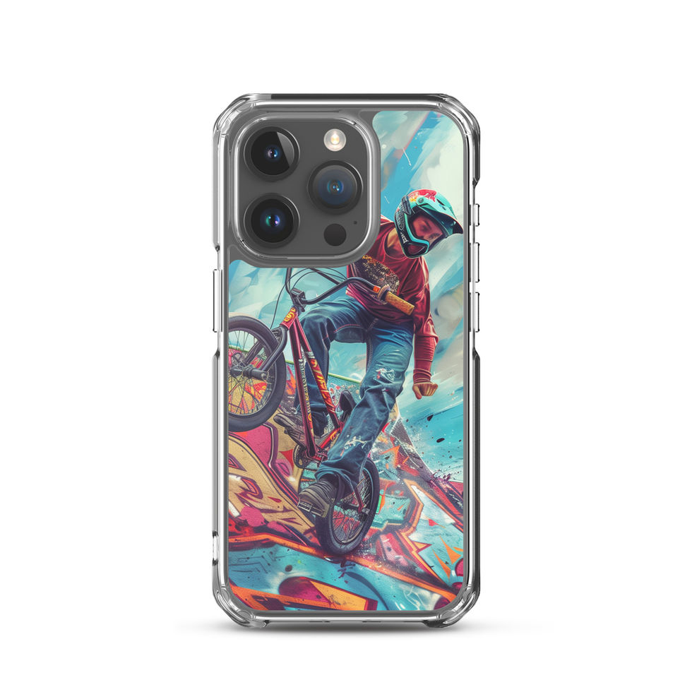 Ramp Rebel Clear case for iPhone 15 Pro, red-jacketed BMX rider and graffiti, phone beside case on white
