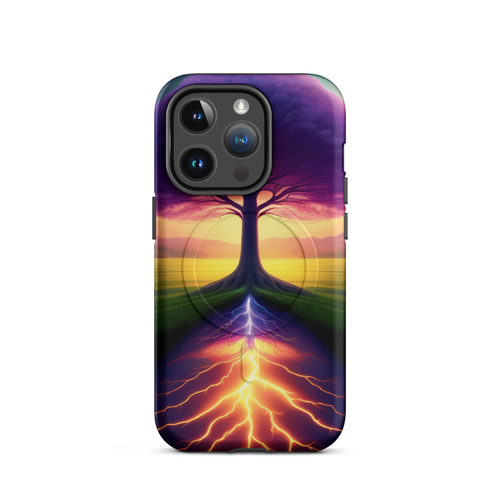 Ethereal Roots MagSafe iPhone case with orange lightning-like roots below the trunk.