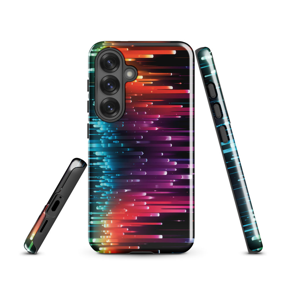 Neon Pulse protective Samsung Tough Case on a dark studio desk, featuring the glowing rainbow rhythm artwork, image 1.
