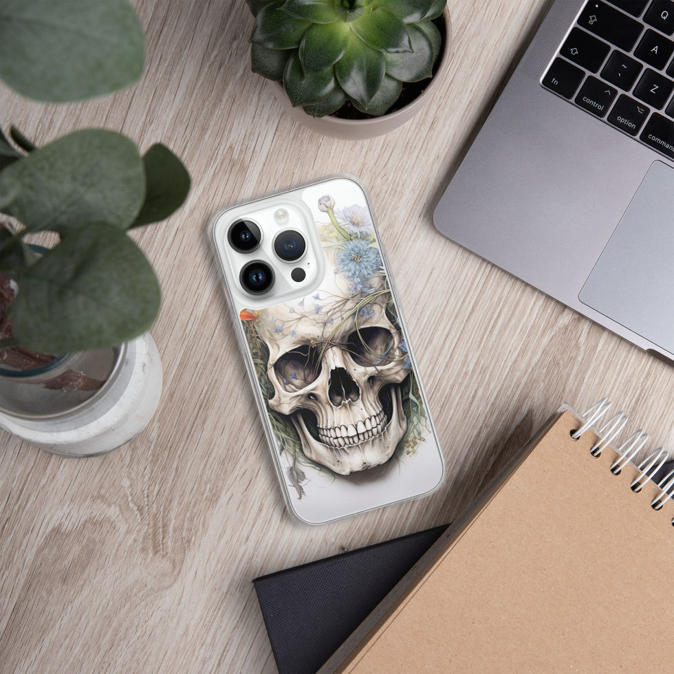 Product image of Botanical Requiem iPhone clear case showing grey and cream tones in the skull art