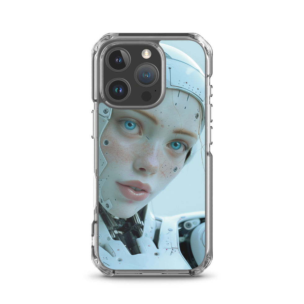 Calm blue-eyed android artwork on a clear protective phone shell – close-up artwork detail
