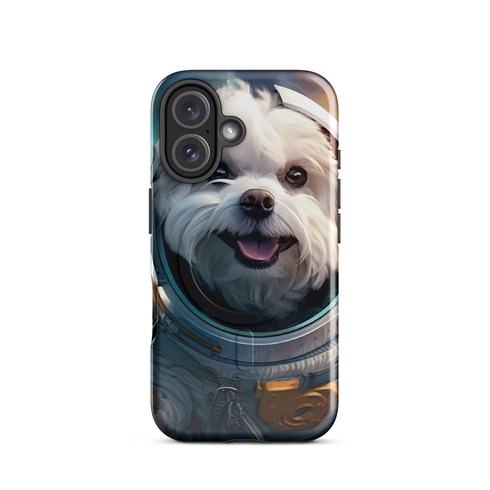 Cosmo Pup astronaut dog MagSafe iPhone case — full case view in studio mockup