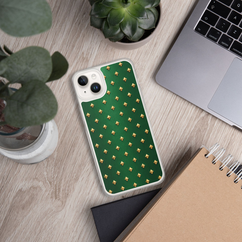 Emerald Gilt Diamonds clear case for iPhone 14 Plus, gold-look diamonds on emerald green, alternate view 3