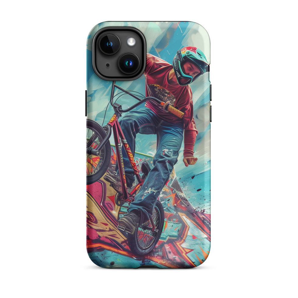 Ramp Rebel Tough case for iPhone 15 Plus, red-jacketed BMX rider and graffiti, rear view on white background