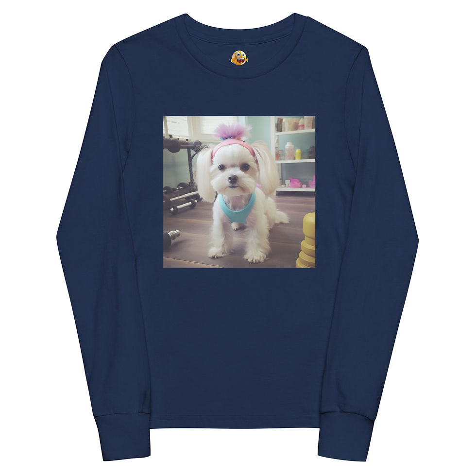 Gym Star Pup: navy youth long-sleeve T-shirt with a white puppy in sportswear at a gym