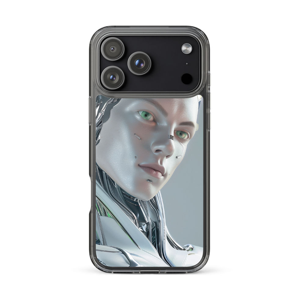 Cybernetic Elegance clear iPhone case with smooth white robotic forehead with transparent edges visible