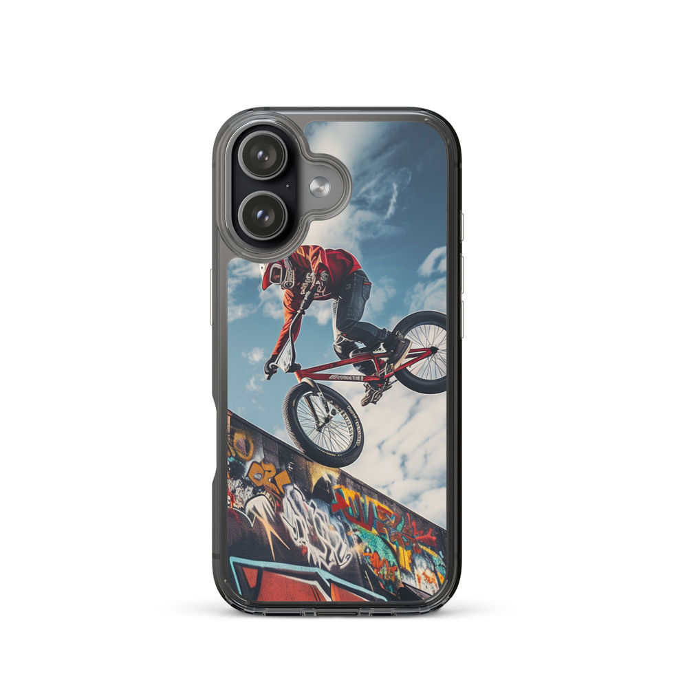 Graffiti Air Clear case for iPhone 17, BMX rider above graffiti ramp, rear view on white