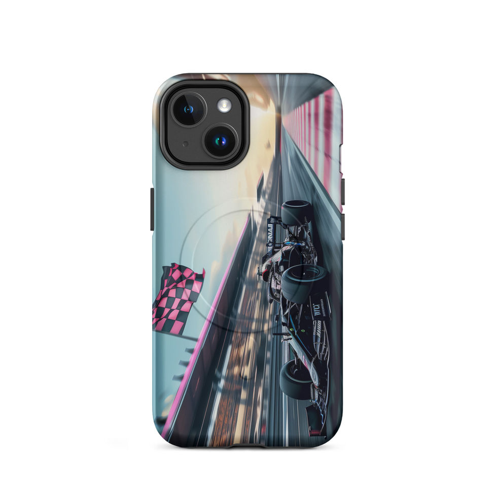 Blackout Champion MagSafe Tough case for iPhone 14, dark race car and pink flags, rear view on white