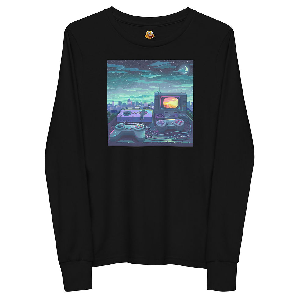 PixelGlow: black youth long-sleeve T-shirt with retro consoles beneath teal twilight sky