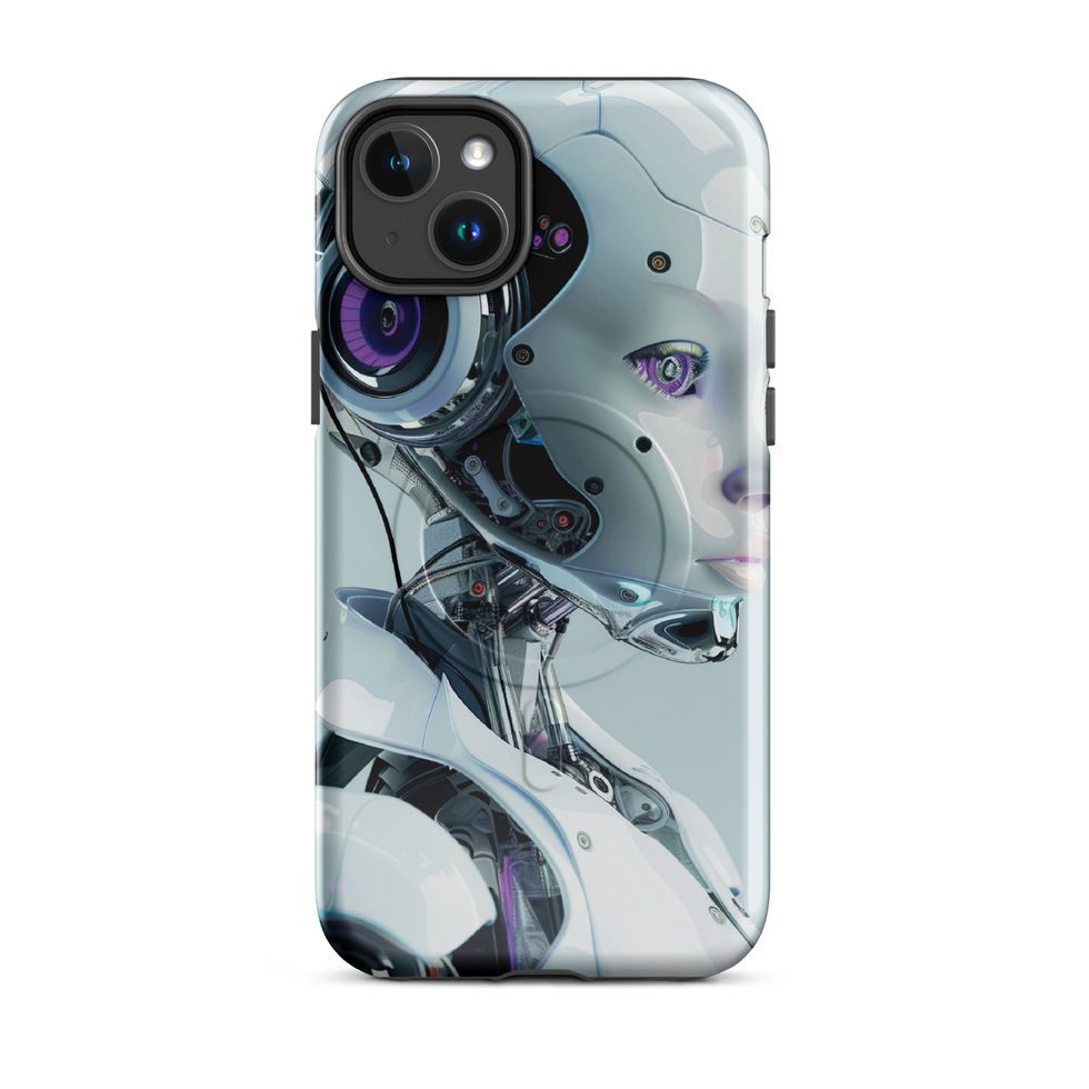 Synth Aurora sci-fi android phone case featuring sleek metallic profile and purple robotic accents