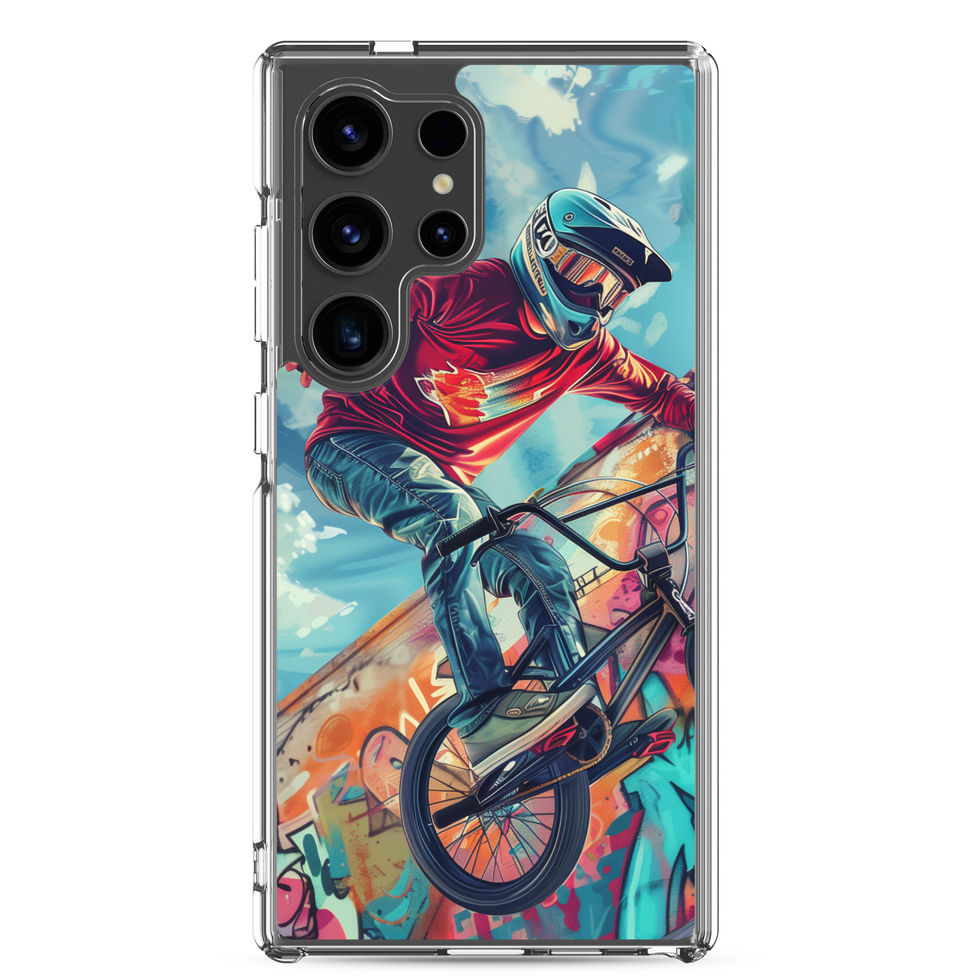 Graffiti Ride Clear case for Galaxy S24 Ultra, red-top BMX rider and vivid graffiti, phone beside case on white