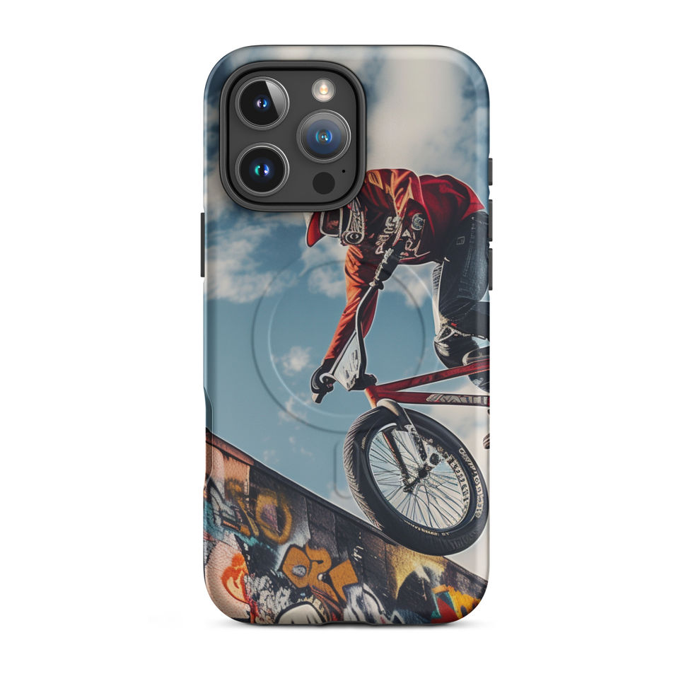 Graffiti Air MagSafe Tough case for iPhone 16 Pro Max, BMX rider above graffiti ramp, rear view on white