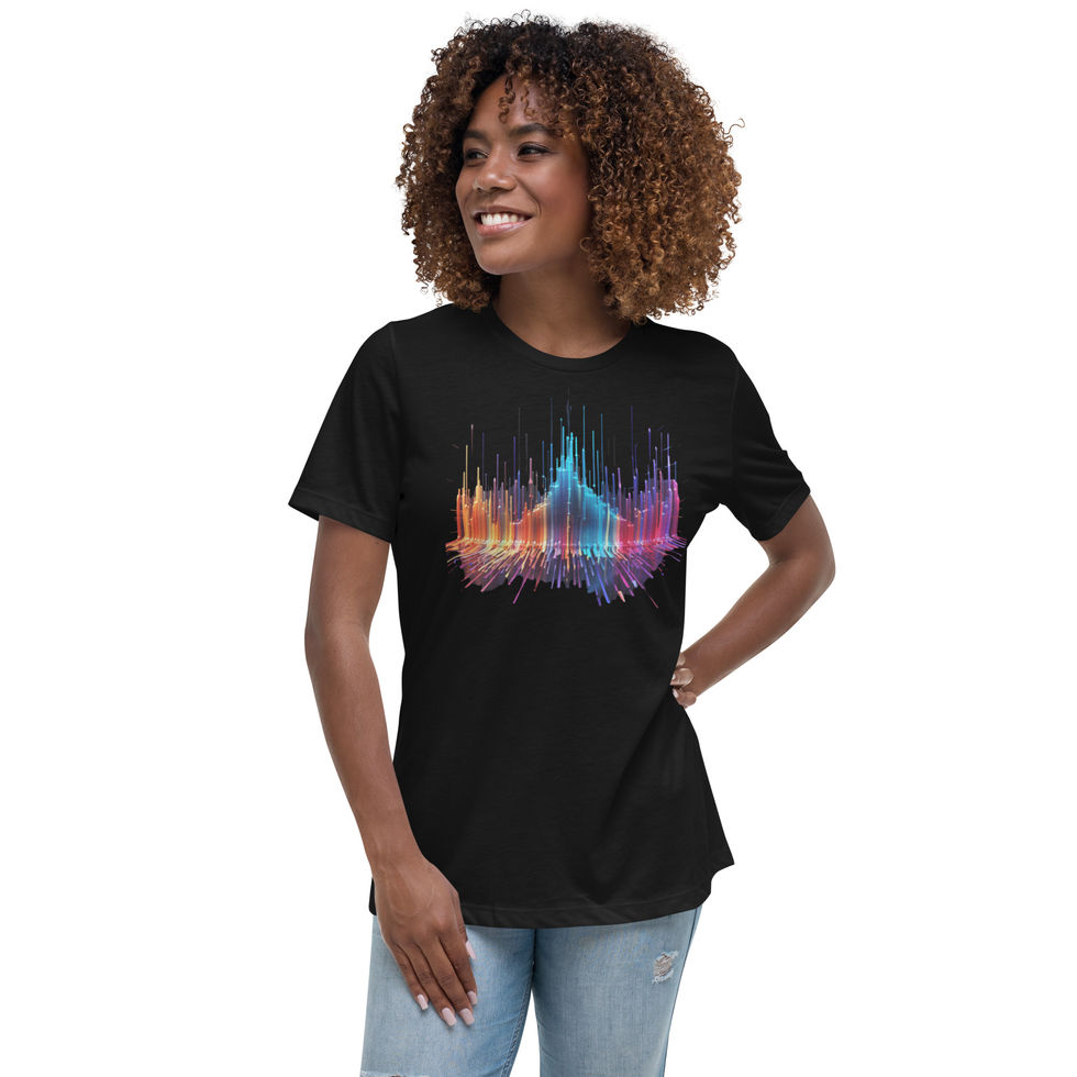 Vibrant Waves: black women's relaxed T-shirt with colourful abstract soundwaves, worn by model