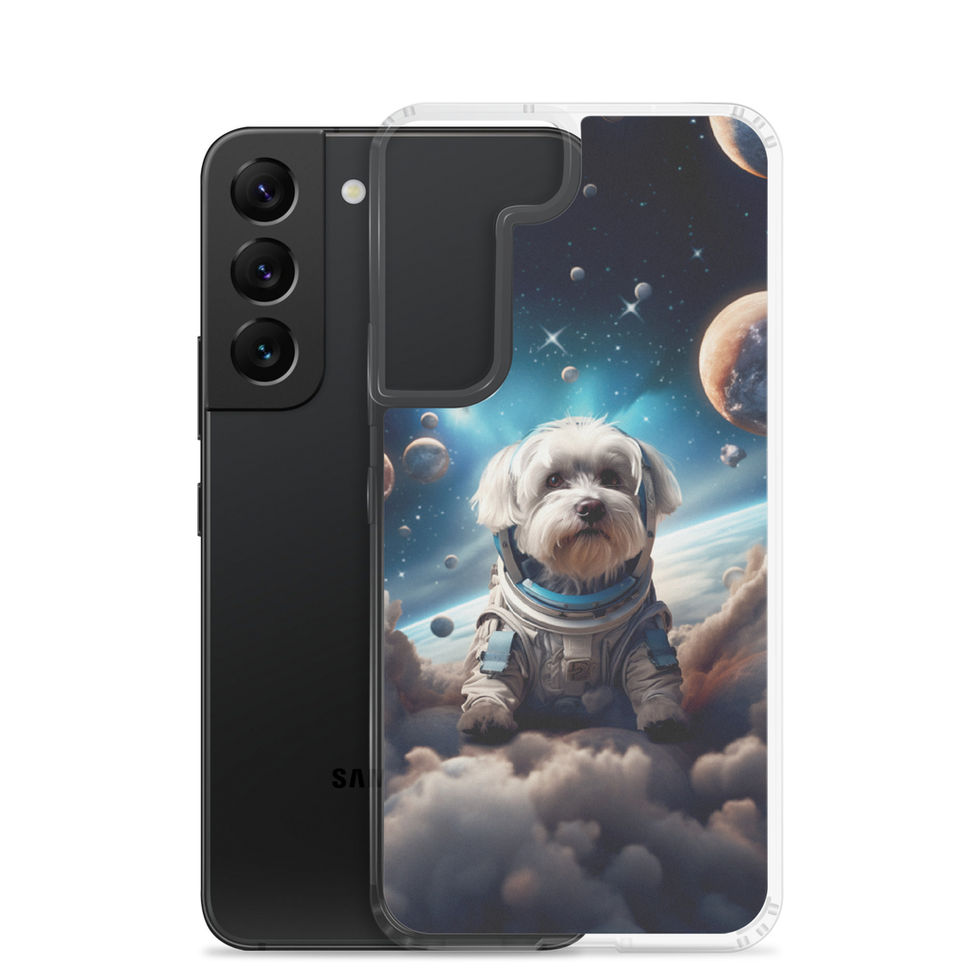 Cosmic dog-mockup-17 showing Celestial Voyager artwork on a Samsung clear phone case