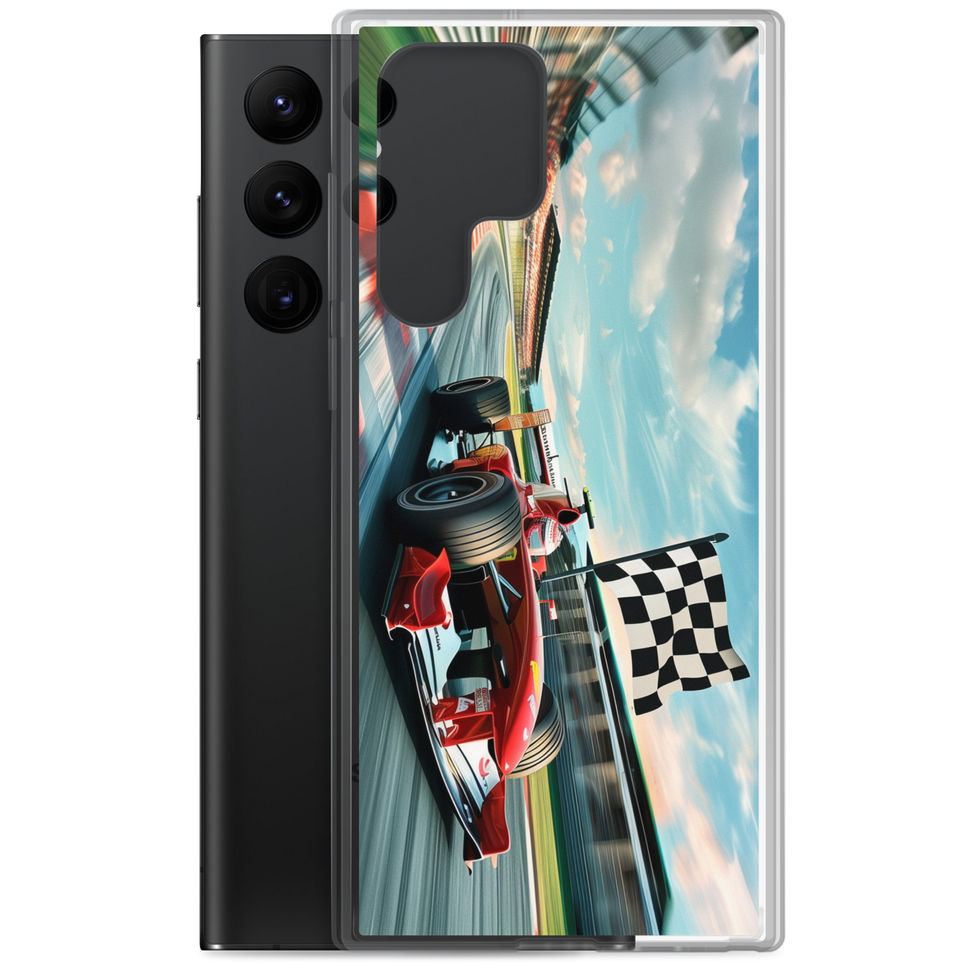 Champion's Glory Clear case for Galaxy S22 Ultra, red race car and chequered flag, phone and case on white