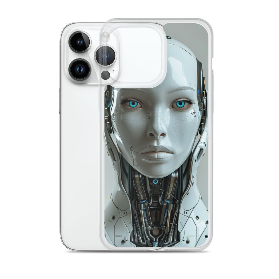 Calm AI sentinel with exposed mechanical details; angled case mockup on an iPhone® Clear Case.