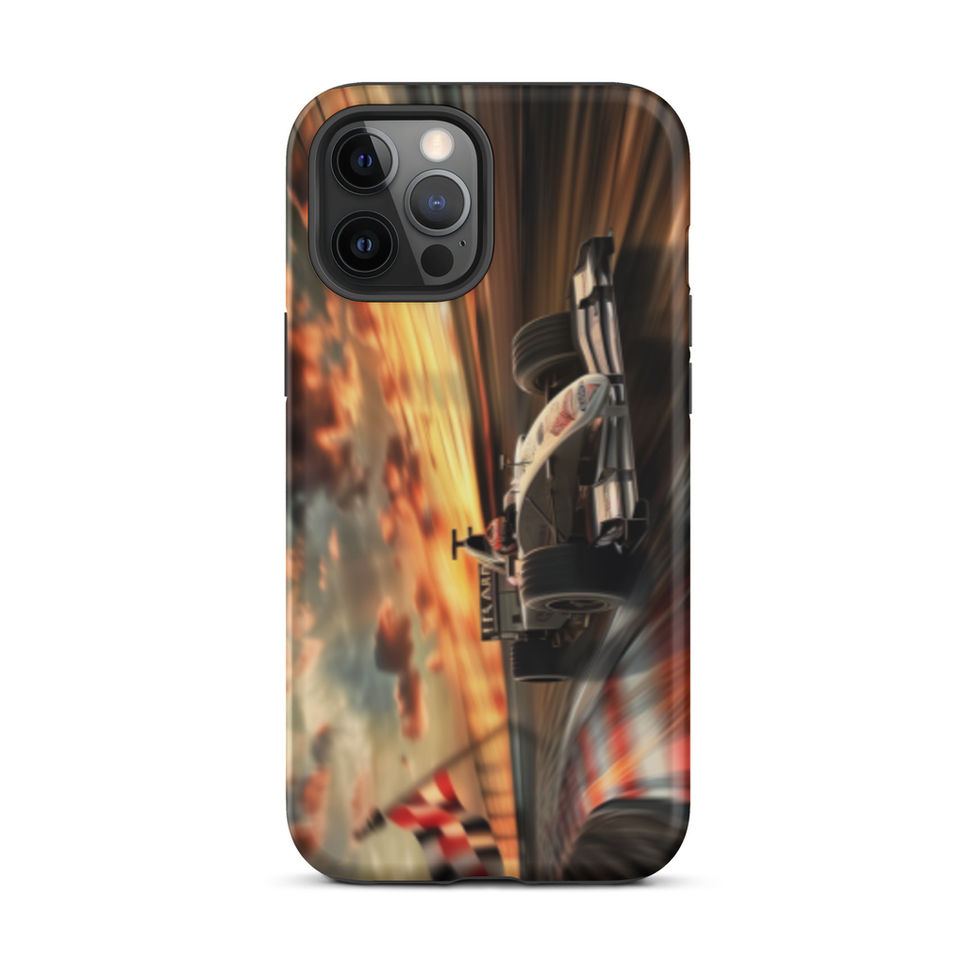 Sunset Speed Tough case for iPhone 12 Pro Max, dark race car on golden sunset track, rear view on white background
