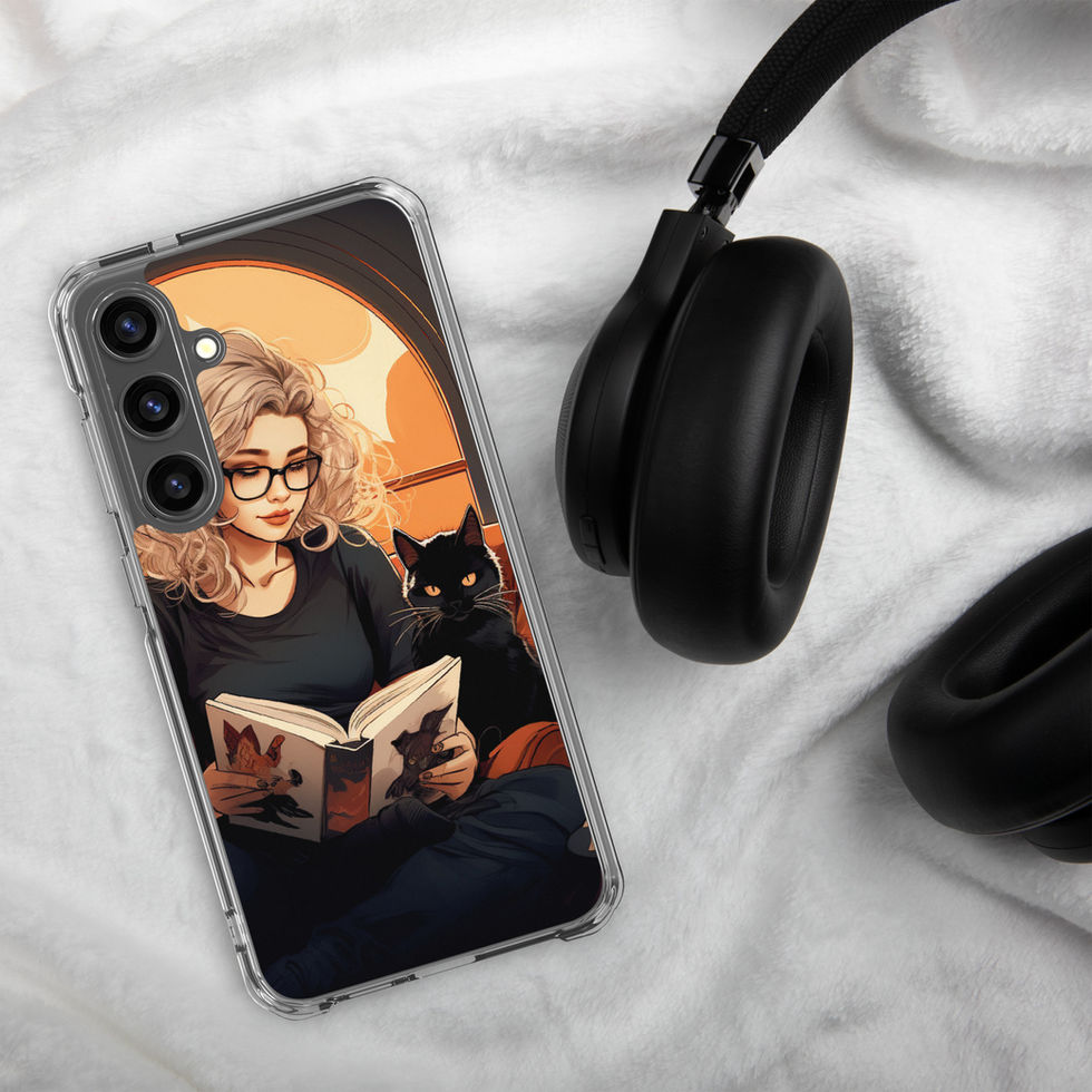 Printed back of Literary Haven Samsung clear case showing reader in dark clothing