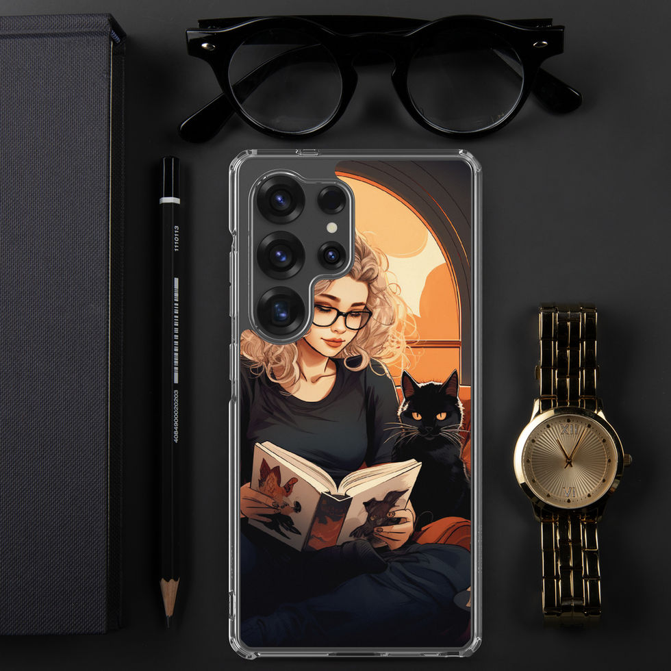 Printed back of Literary Haven Samsung clear case showing dark outfit against the orange glow