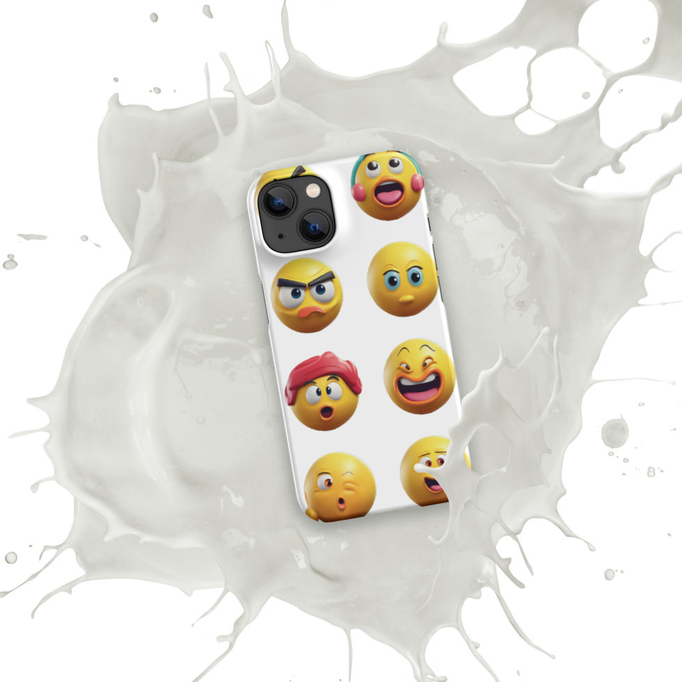 Emoji Frenzy snap iPhone case showing two-column emoji grid across its printed surface, over a white paint splash.