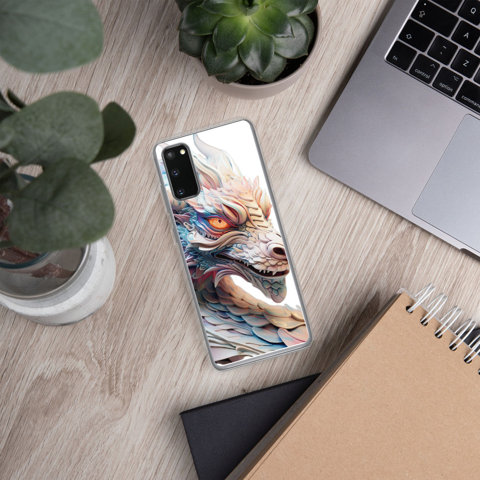 Celestial Mirage Dragon Clear Case for Samsung Galaxy S21 Plus, dark desk lifestyle view with glasses and notebook