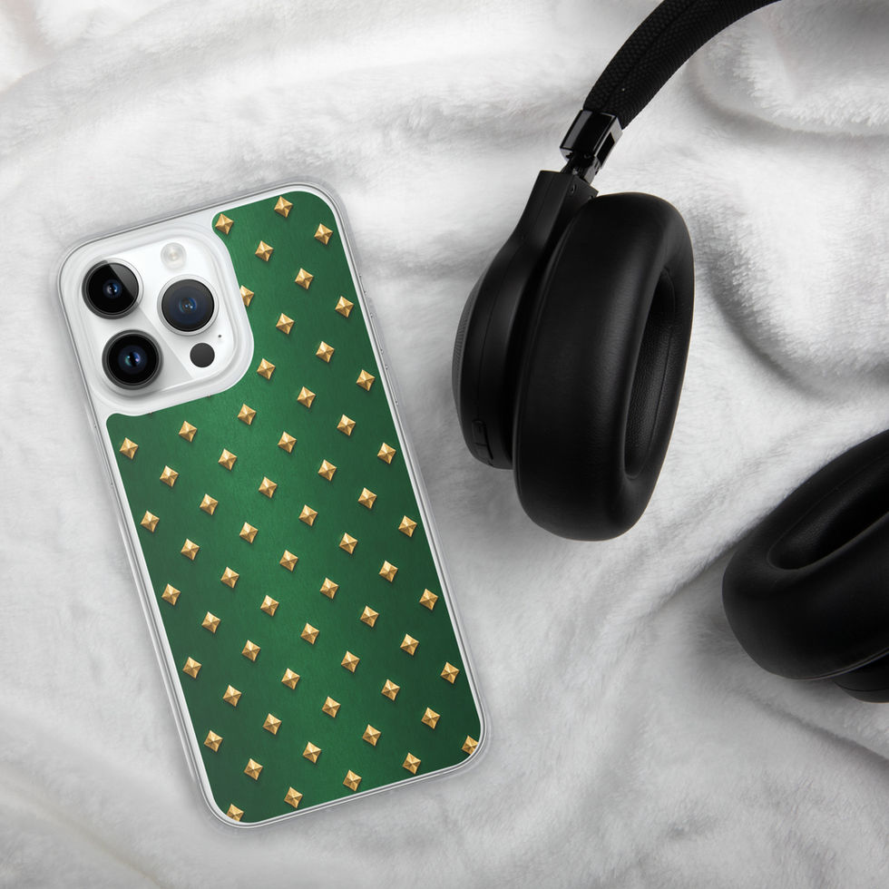 Emerald Gilt Diamonds clear case for iPhone 14 Pro Max, gold-look diamonds on emerald green, alternate view 2