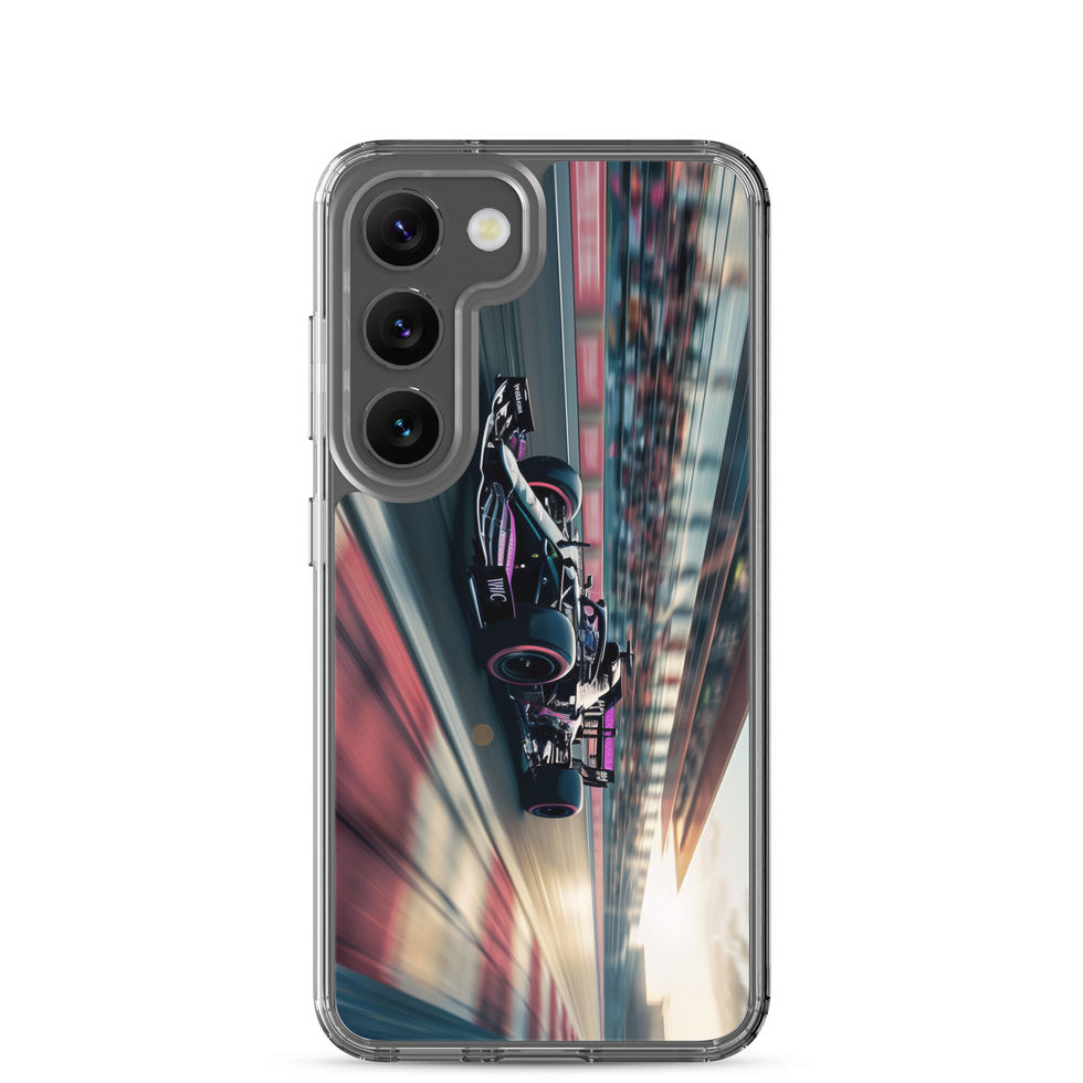 Black n Purple Power Clear case for Galaxy S23, black and purple race car artwork, rear view on white