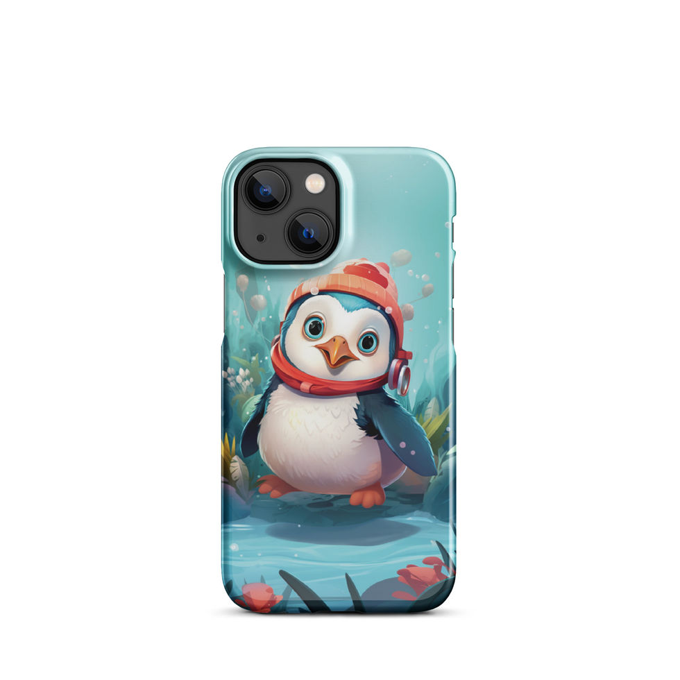 Aquatic penguin-mockup-09 showing Aqua Explorer artwork on an iPhone snap phone case