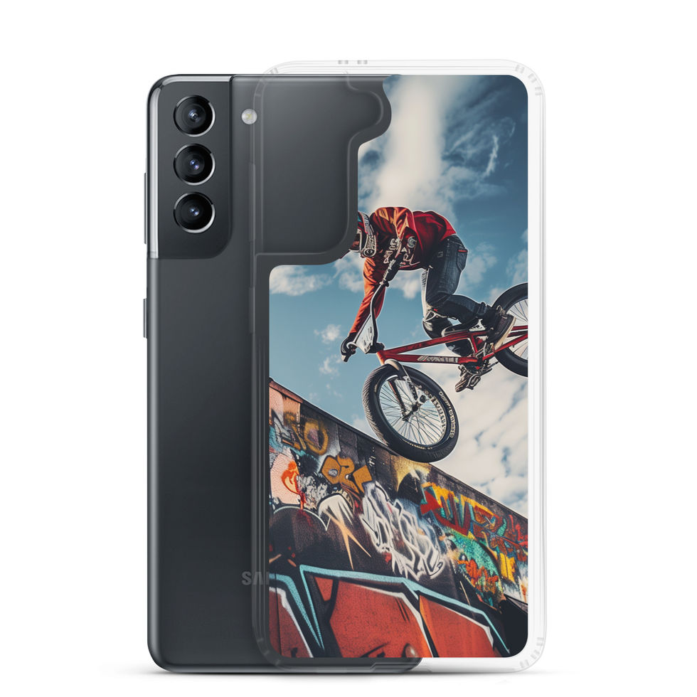 Graffiti Air Clear case for Galaxy S21, BMX rider above graffiti ramp, with phone beside case on white