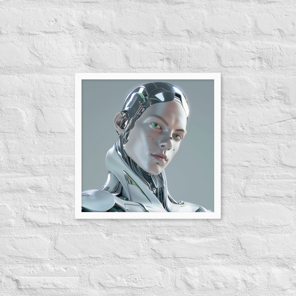 Futuristic Visionary framed poster: black segmented skull panels above a pale forehead