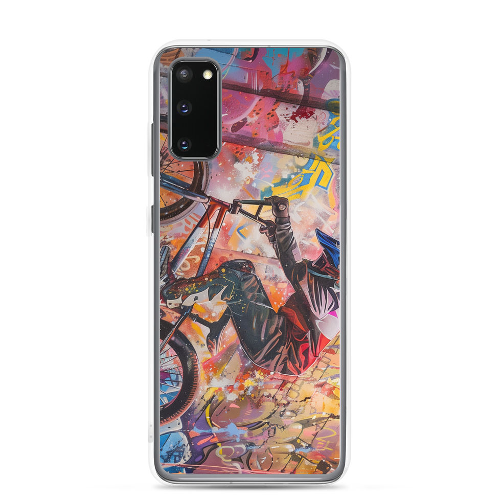 Graffiti Grind Clear case for Galaxy S20, BMX rider amid pink and yellow graffiti, rear view on white
