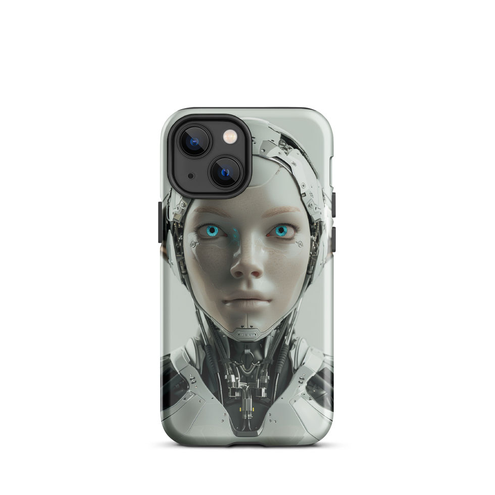 Pale silver AI sentinel with temple circuitry; front product view on an iPhone® Tough Case.