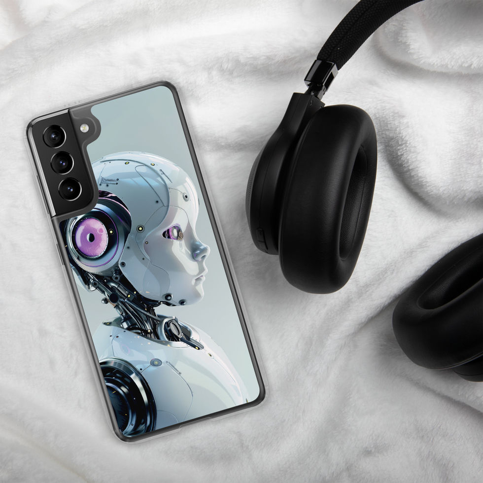 Futuristic female robot profile printed on a Samsung clear case