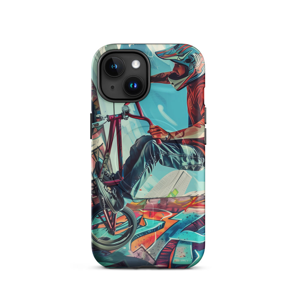 Urban Freestyle MagSafe Tough case for iPhone 15, BMX rider and colourful graffiti, rear view on white background