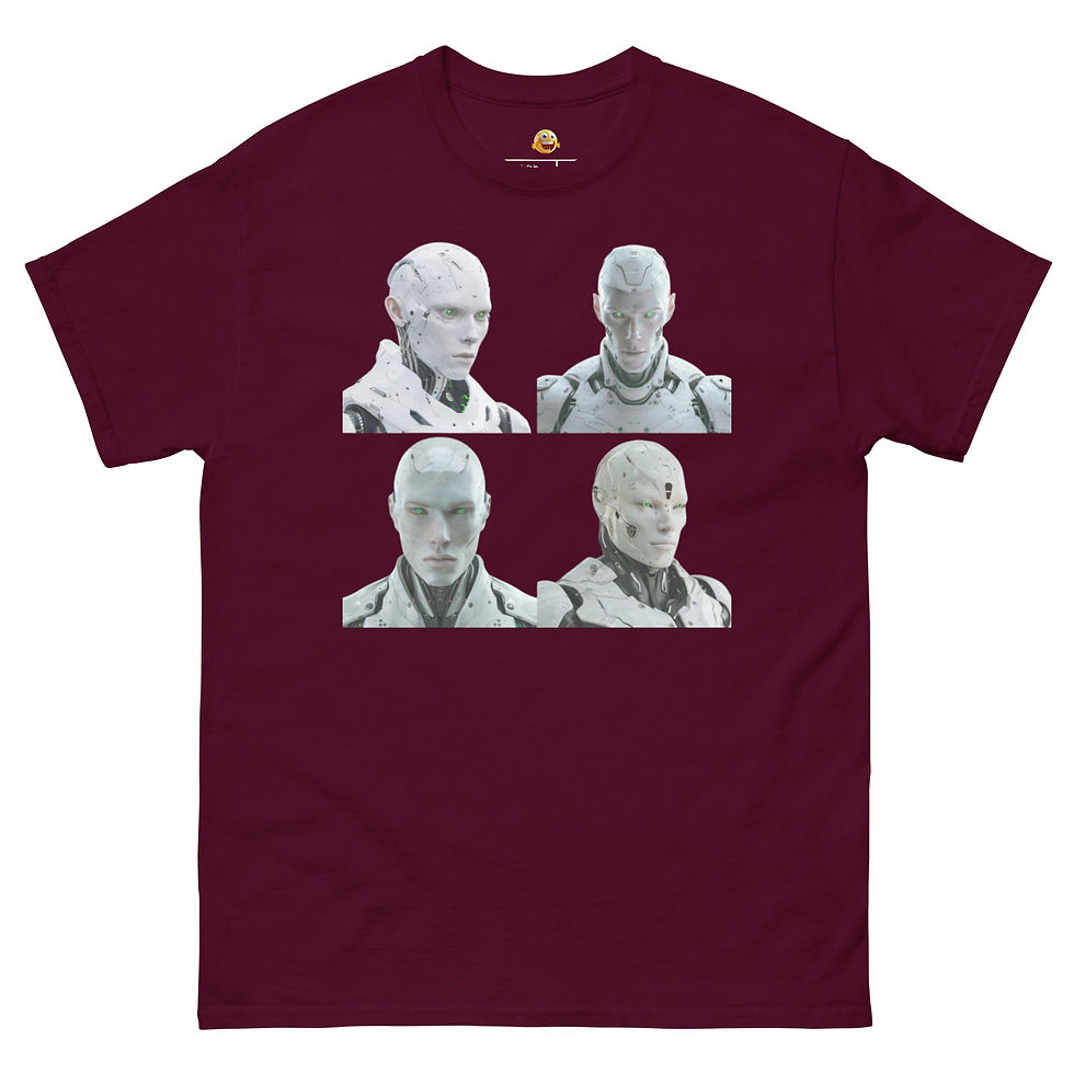 Robotic Vanguard: burgundy unisex classic T-shirt with four pale humanoid robot portraits