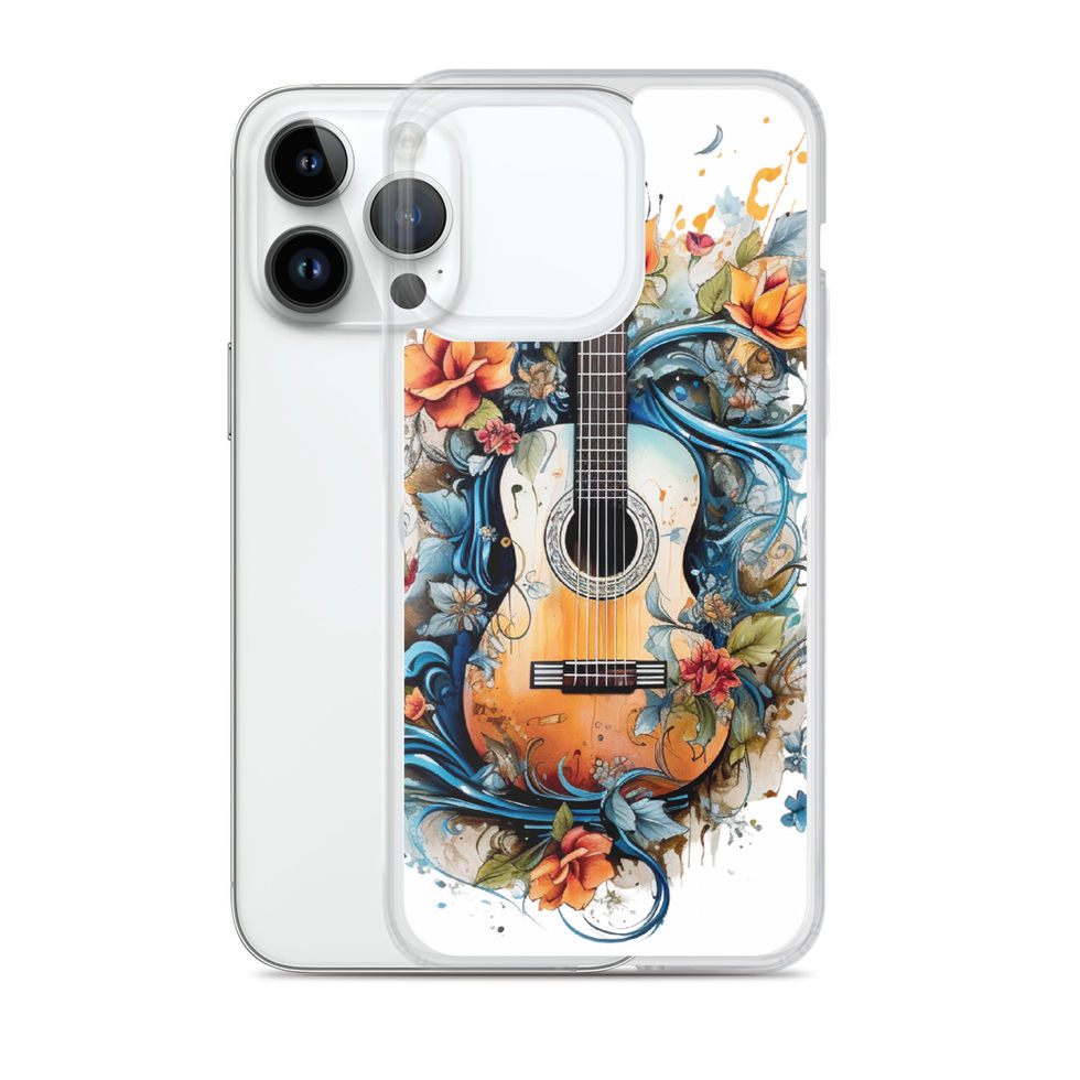 Nature’s Song clear iPhone case clear edge detail in a pale surface flat lay, showing the floral music artwork, image 27.