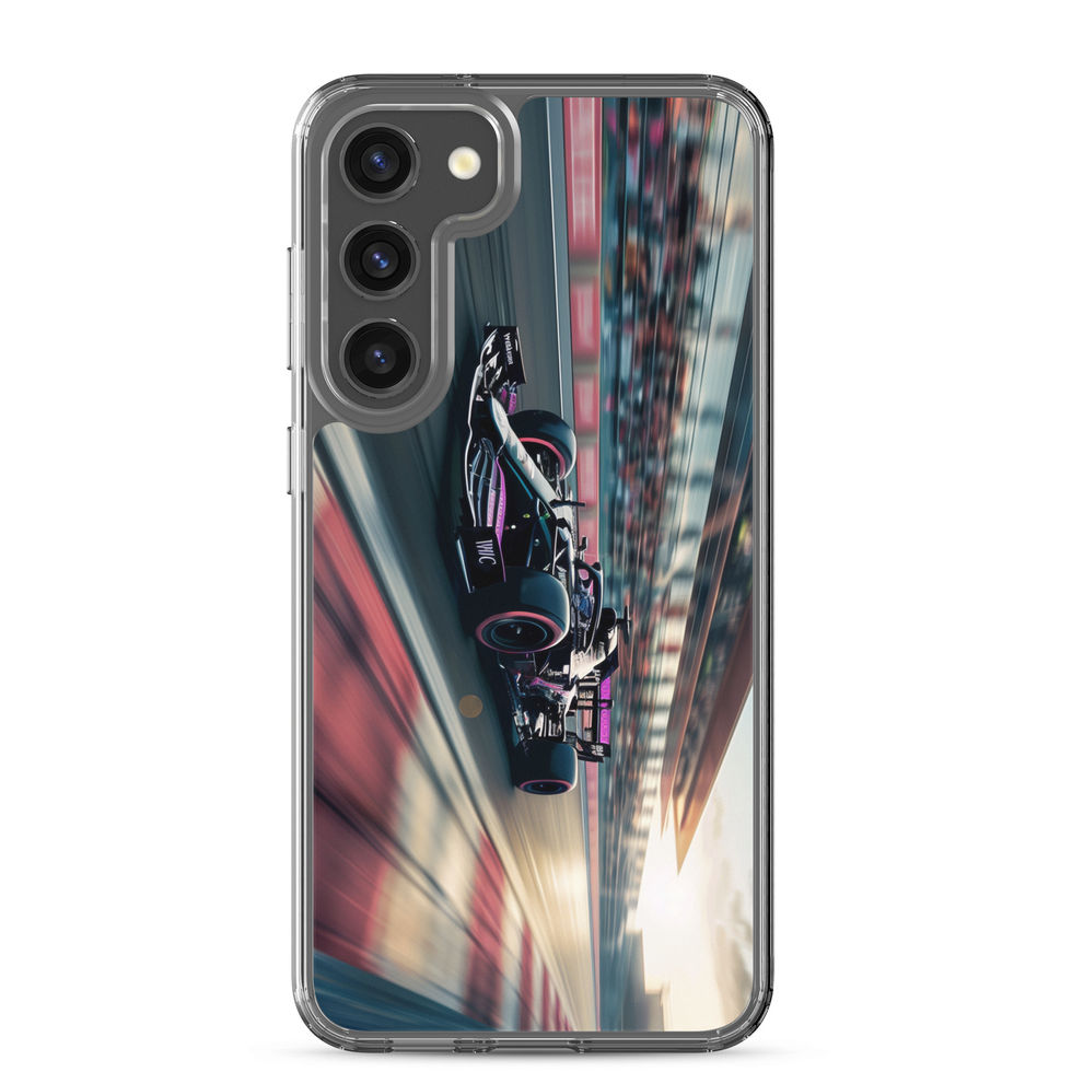 Black n Purple Power Clear case for Galaxy S23 Plus, black and purple race car artwork, rear view on white