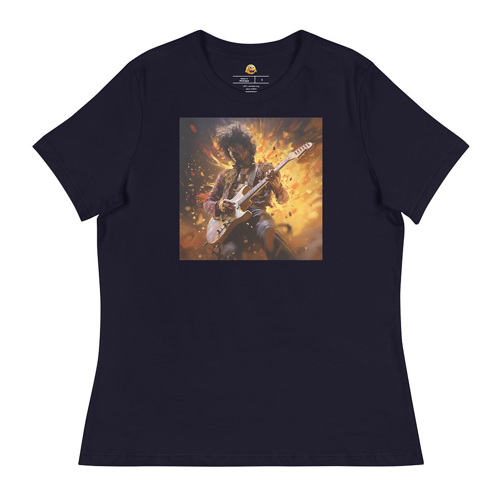 Golden Guitarist: navy blue women's relaxed T-shirt with guitarist surrounded by golden flames