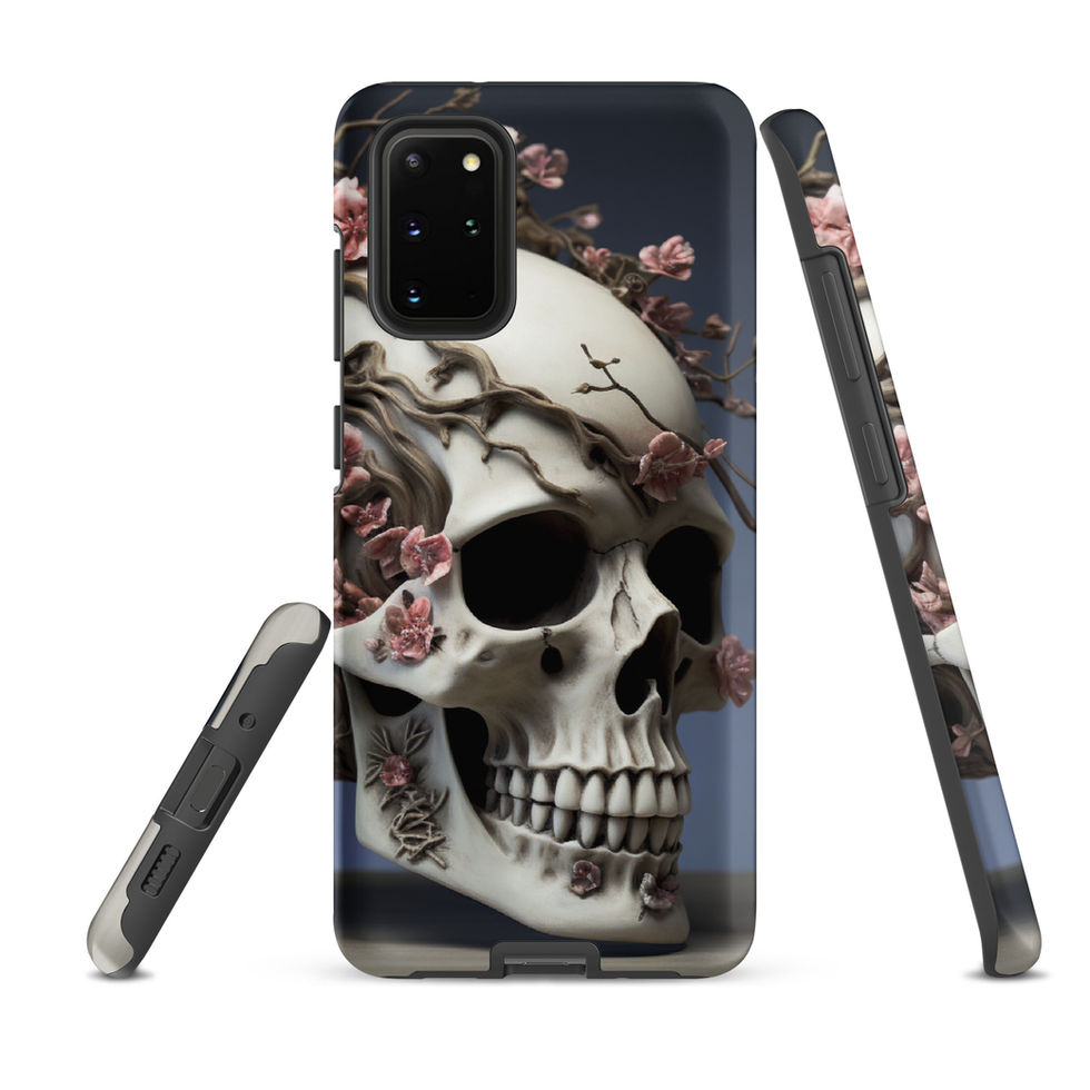 Rear view of a Samsung case with Ethereal Bloom artwork against charcoal with soft rose-coloured blossoms