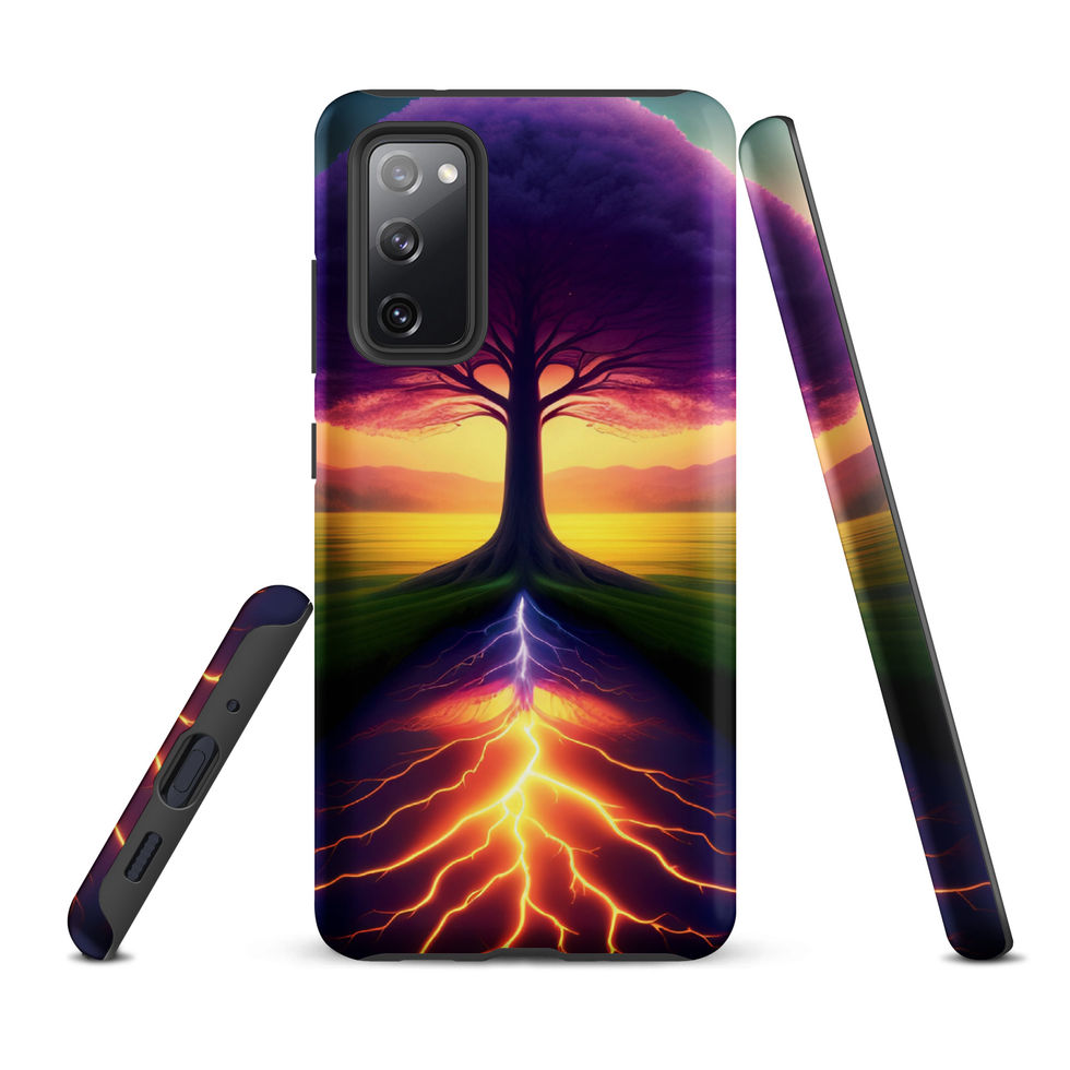 Ethereal Roots tough Samsung case with violet leaves over bands of yellow sky.